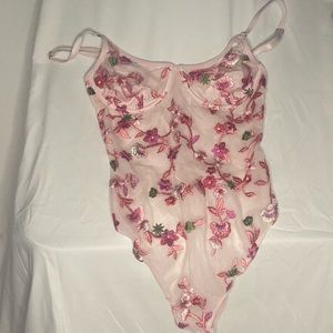 Mesh floral embroidery body suit